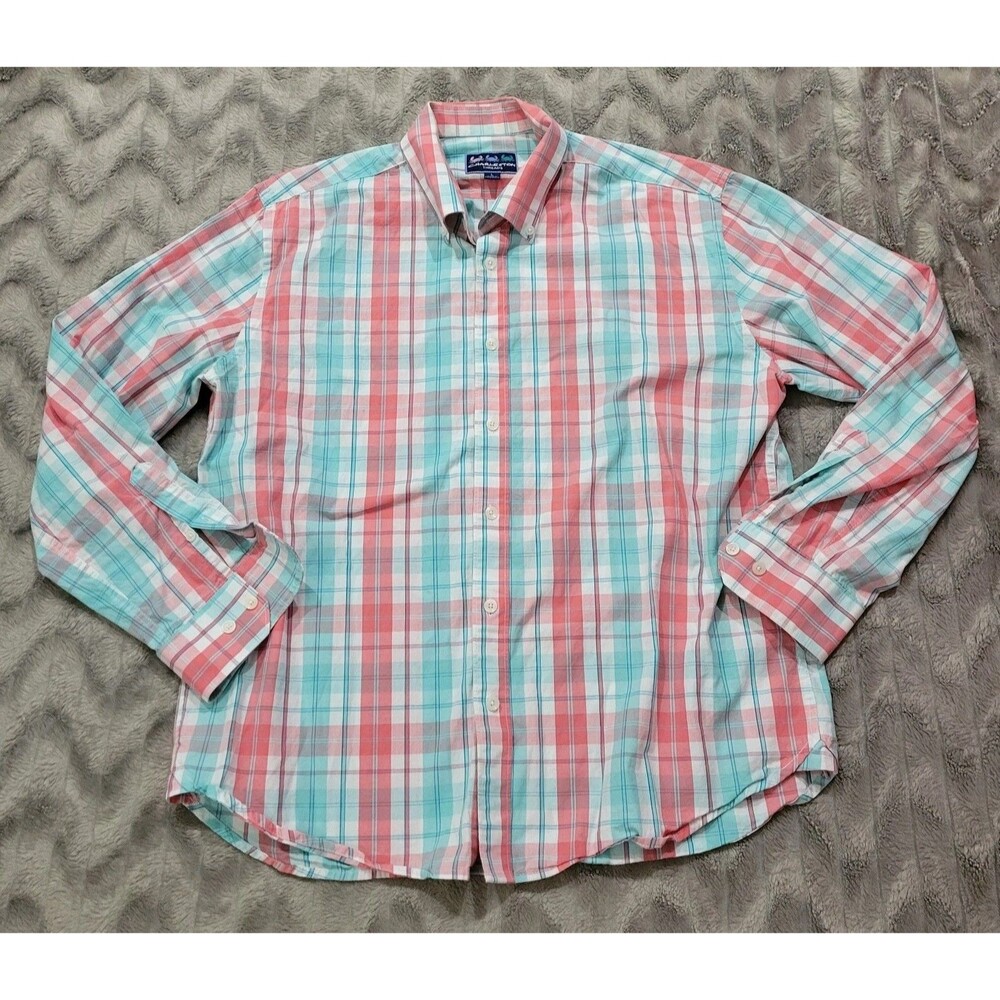 Charleston Threads Mens L Orange Blue Plaid Button Down Long Sleeve Shirt